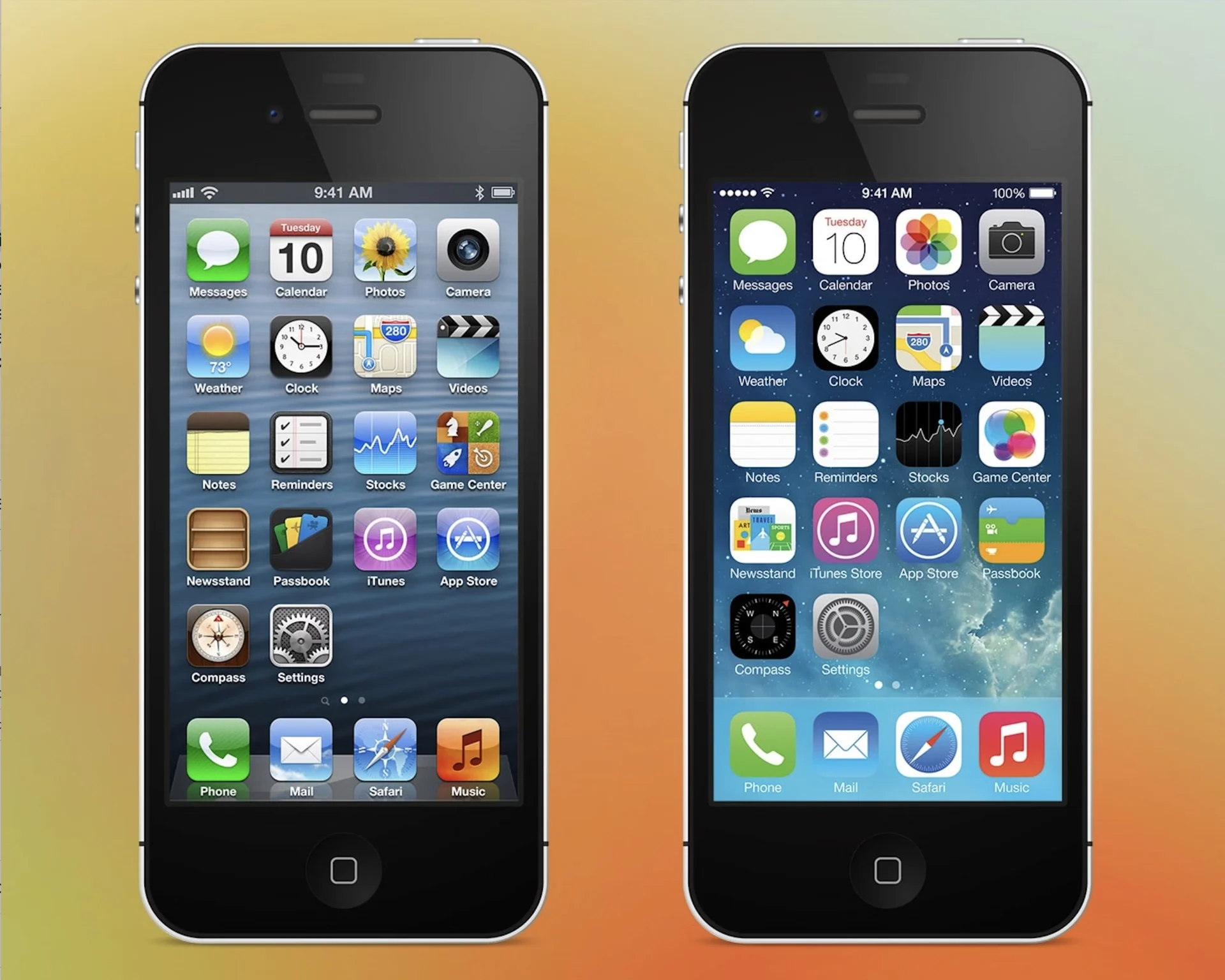 The transition from dimensional iOS icons to the simpler iOS 7 system